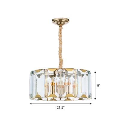 6-Bulb Clear Crystal Chandelier Postmodern Gold Drum Dining Room Hanging Ceiling Light
