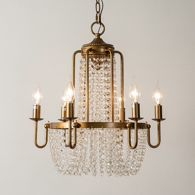 6-Head Crystal Chain Chandelier Rustic Antiqued Gold Candle Dining Room Pendant Light Kit