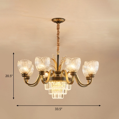 8 Bulbs Suspension Light Vintage Living Room Chandelier with Bud Clear Ribbed Glass Shade in Gold