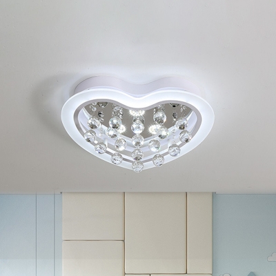 Acrylic White LED Flush Light Heart Shaped Modern Ceiling Mounted Lamp with Crystal Ball Drop, 16
