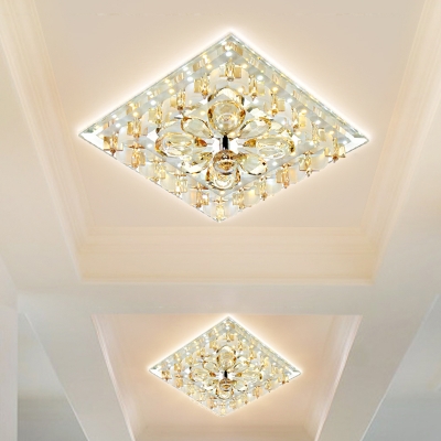 Amber Crystal Square Ceiling Lighting Contemporary LED Hallway Flush Light in Warm/White Light