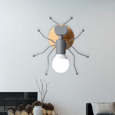 Ant Open-Bulb Wall Lamp Nordic Creative Iron Single Bedside Wall Mounted Light in Grey/White/Green with Wood Backplate