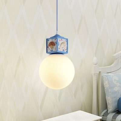 Ball Bedside Pendulum Light Milk Glass Single Mediterranean Pendant Lighting with Cube Top in Water/Sky Blue