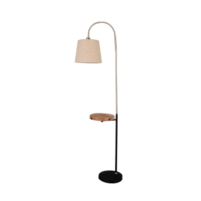 Barrel Shade Parlor Floor Lamp Fabric 1 Head Modern Style Standing Light in Flaxen with Side Table and Gooseneck Arm
