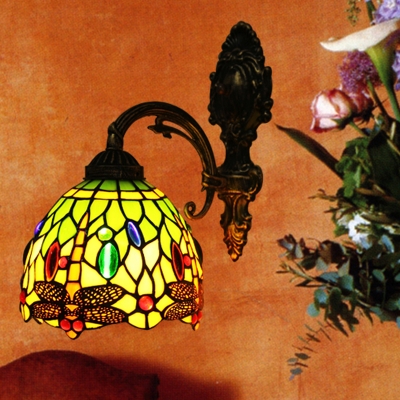 Bell Shade Dragonfly Wall Light Tiffany Handcrafted Glass 1 Head Bronze Sconce with Cabochons Gemstones