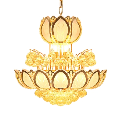Beveled Crystal Orb Lotus Suspension Light Modernist 8 Bulbs Chandelier Lamp Fixture in Gold