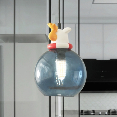 Blue Glass Ball Mini Pendant Light Kids Novelty 1 Head Hanging Lamp Kit with Dog/Duck/Fox Cork