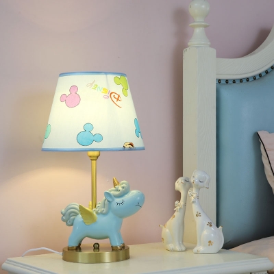 Blue/Pink Conical Desk Lamp Cartoon 1-Light Fabric Night Table Light with Resin Unicorn Decoration