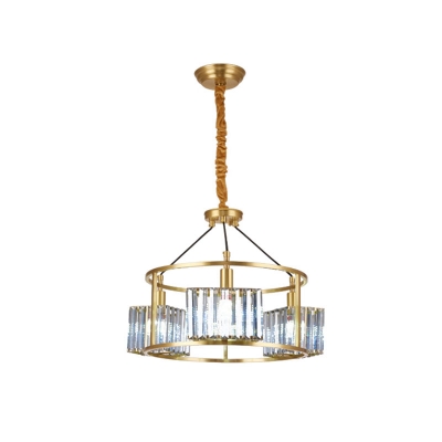 Brass Drum Cage Chandelier Mid-Century Metal 3 Heads Dining Table Pendant Light with Cuboid Crystal Shade