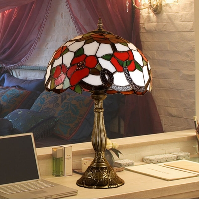 Bronze Domed Night Table Lamp Tiffany Style 1 Light Cut Glass Nightstand Light with Floral Pattern