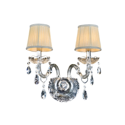 Candelabra Clear Crystal Wall Lighting Traditional 2 Heads Bedroom Wall Mounted Lamp with Gathered Fabric Shade