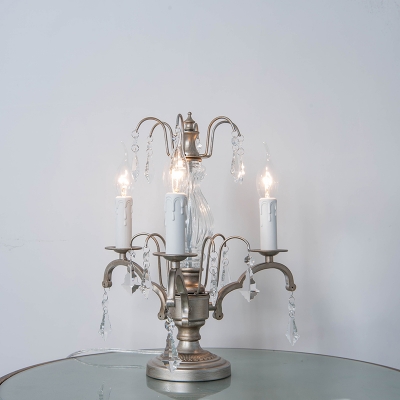 Candlestick Iron Table Light Traditional 3 Bulbs Bedroom Night Lamp in Silver with Crystal Drop