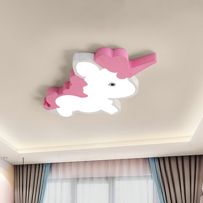 Cartoon LED Ceiling Lighting Pink Unicorn Flush Light Fixture with Acrylic Shade in Warm/White Light