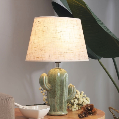 Ceramic Cactus Table Lamp Kid 1 Head Green Night Light with Tapered Fabric Lamp Shade
