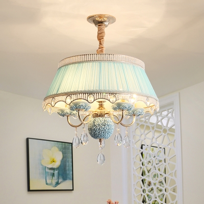 Ceramic Candle Chandelier Pastoral 5 Bulbs Bedroom Pendant with Fabric Shade and Crystal in Pink/Blue/Light Beige