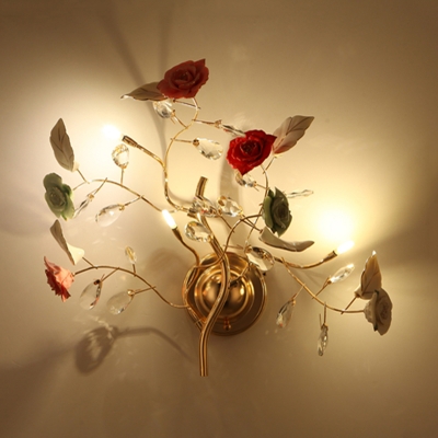 Ceramic Rose Wall Sconce Light Korean Garden 3 Bulbs Bedroom Wall Lamp in Gold with Crystal Accent