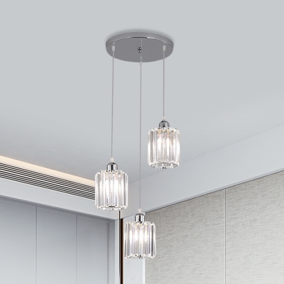 Clear Crystal Cylinder Multi Pendant Light Modernism 3-Light Silver Finish Ceiling Suspension Lamp