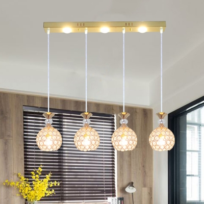 Clear Crystal Orb Cluster Pendant Light Simple 4-Head Hanging Lamp Kit in Gold with Linear Canopy