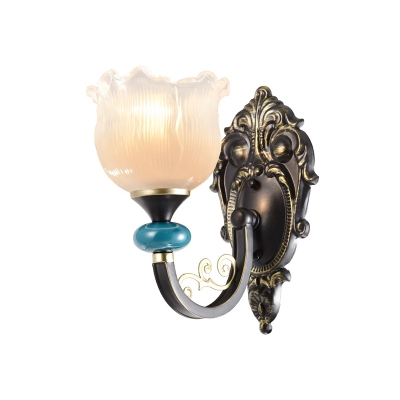 Clear Ribbed Glass Flower Wall Sconce Countryside 1/2-Light Bedroom Wall Lamp in Bronze with Curved Arm