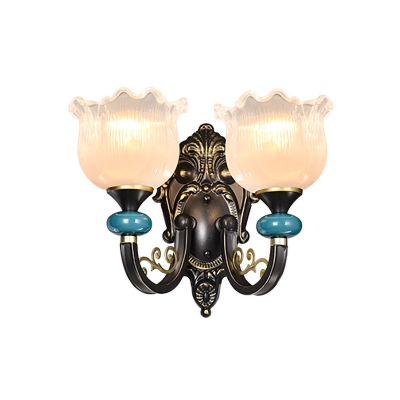 Clear Ribbed Glass Flower Wall Sconce Countryside 1/2-Light Bedroom Wall Lamp in Bronze with Curved Arm