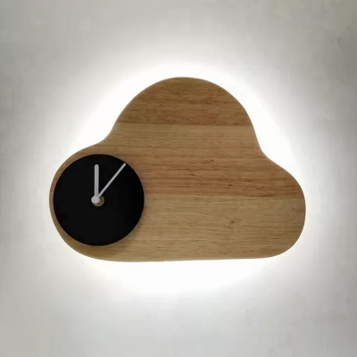 Cloud Wood Panel Wall Lighting Ideas Cartoon LED Beige Wall Sconce with White/Black Clock Deco in White/Warm Light