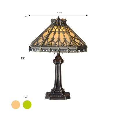 Cone Shade Green/Beige Glass Table Light Mission Style 1 Light Bronze Nightstand Lamp for Bedroom