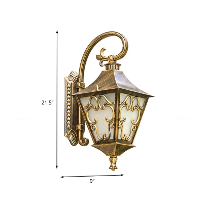 Country Lantern Wall Mounted Light 1 Light White Glass Sconce Lamp in Bronze with Curved Arm