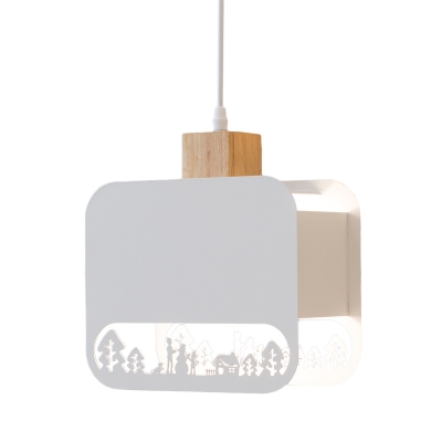 Creative Square Iron Pendant 1-Light Hanging Lamp in White with Wood Cap and Sculpture Design