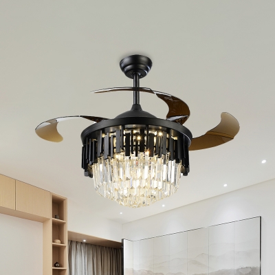 Crystal Rectangle Tiered Pendant Fan Light Modernist LED 3-Blade Semi-Flush Ceiling Lamp in Black/Gold Finish
