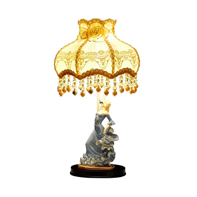 Dancing Girl Parlor Table Light Pastoral Ceramic Single Beige Nightstand Lamp with Flower Fabric Shade