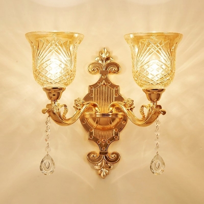 Dome/Bell Amber Lattice Glass Wall Light Mid-Century 2 Bulbs Restaurant Wall Mount Fixture in Gold