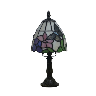 Dome Night Table Lamp 1 Light Stained Art Glass Tiffany Petal/Peacock Tail Patterned Nightstand Lighting in Beige/Pink/Blue