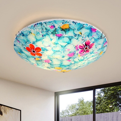 Domed Cut Glass Flush Ceiling Light Baroque 3/4-Bulb Blue Bloom Patterned Lighting Fixture, 16