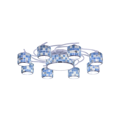Drum Semi Flush 11 Lights Blue Stained Glass Tiffany Mosaic Patterned Ceiling Light with Spiral Design