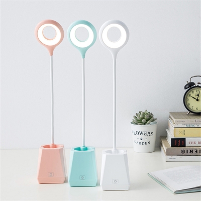 Elliptical Bedroom Study Light Plastic LED Macaroon Reading Lamp with Pen Container Base in White/Pink/Blue