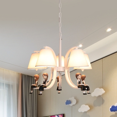 Fabric Conical Hanging Light Kids 5-Bulb White Chandelier Lighting with Boy/Girl Decoration