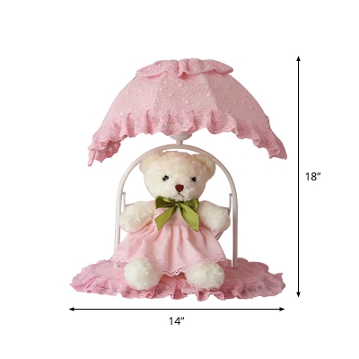 Fabric Pink Nightstand Light Canopy 1 Light Pastoral Table Lamp with Plush Bear Decoration
