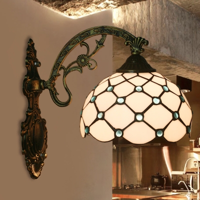Fishscale Dome Cut Glass Sconce Light Tiffany Single Blue/Green/Gold Wall Mounted Lamp for Bedroom