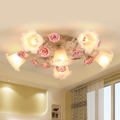 Flower Bedroom Semi Flush Mount Pastoral Ivory Glass 4/6 Lights Pink Flush Light Fixture