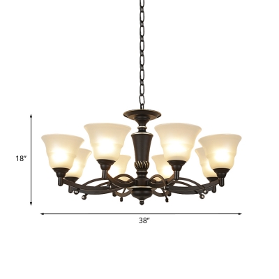 Frosted Glass Bell Chandelier Countryside 6/8-Light Living Room Ceiling Pendant in Black with Twisted Arm