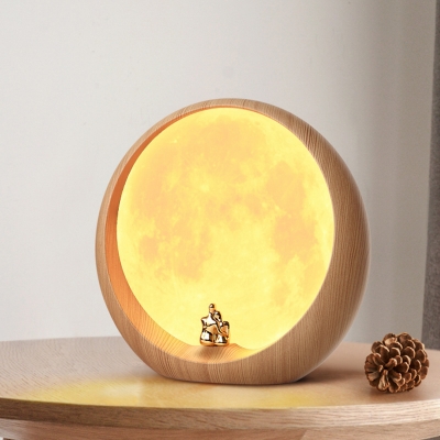 Full Moon Small Bedside Nightstand Lamp Wood Nordic LED Table Light with Lover Statue