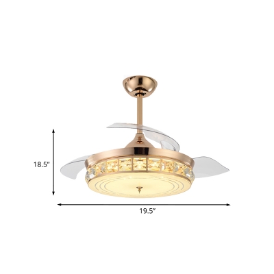Gold Drum Shape Hanging Fan Light Minimalist Crystal Block LED Semi Mount Lighting with 4 Blades, 19.5