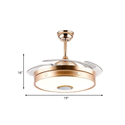 Gold Finish Round 3-Blade Semi Flush Modern LED Metallic Ceiling Fan Lighting, 19
