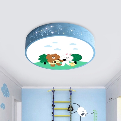Iron Circular Ceiling Light Fixture Cartoon LED Blue Flush Mount Lamp with Bear Pattern