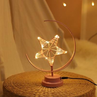 Iron Crescent and Star USB Night Light Macaron Pink/Black LED Table Lamp in Warm Light for Bedroom