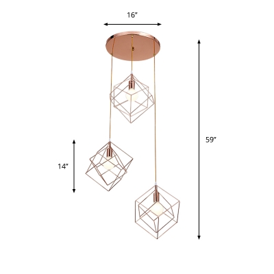 Iron Double Cube Cage Cluster Pendant Postmodern 3-Light Rose Gold Hanging Light Fixture