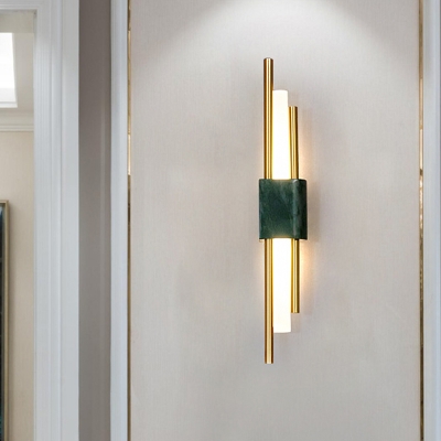 Iron Parallel Rod Wall Lamp Minimalistic Brass Finish LED Sconce with White/Green Marble Band, Warm/White Light