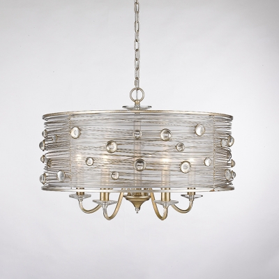 Iron Wire Wrapped Drum Chandelier Rural 5-Head Bedroom Suspension Lighting in Antiqued Gold