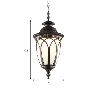 Ivory Glass Urn Suspension Lamp Rustic 1 Head Outdoor Pendant Light Fixture in Black