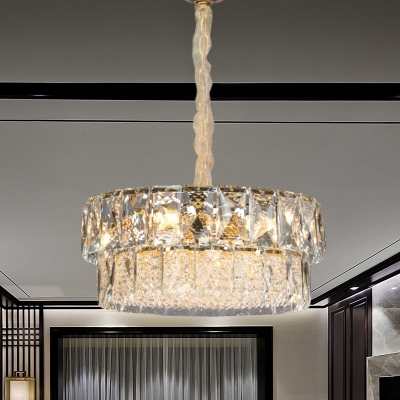 K9 Crystal Block 2 Layer Hanging Light Modern 7 Heads Living Room Pendant Chandelier in Gold